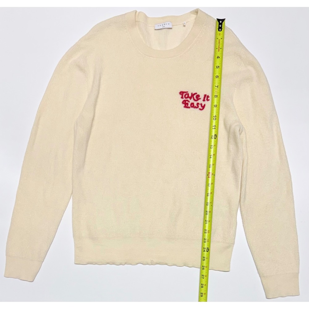 Sandro Paris Take It Easy‎ Embroidered Wool Sweater Cream XL Small Hole